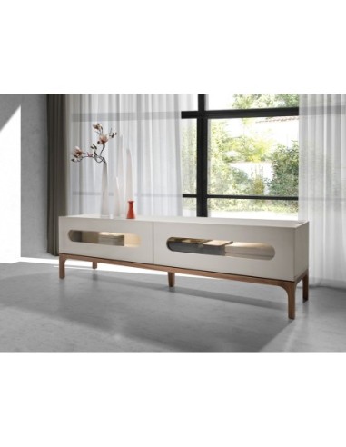 Mueble TV madera gris y nogal con iluminación...