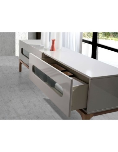 Mueble TV madera gris y nogal con iluminación...