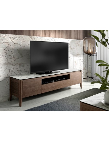 Mueble TV nogal con tapa de cristal imitación mármol