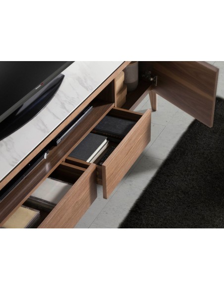 Mueble TV nogal con tapa de cristal imitación mármol