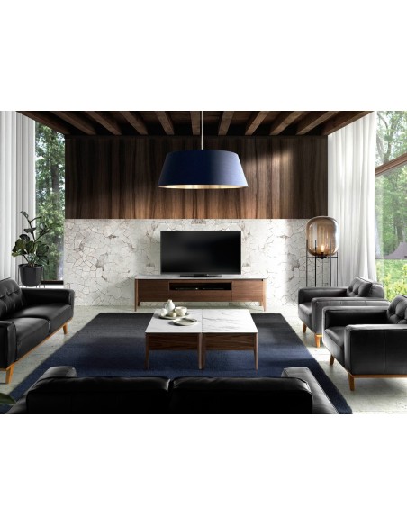 Mueble TV nogal con tapa de cristal imitación mármol