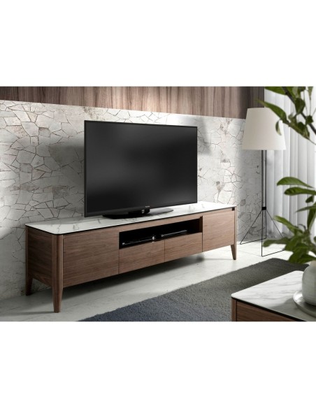 Mueble TV nogal con tapa de cristal imitación mármol