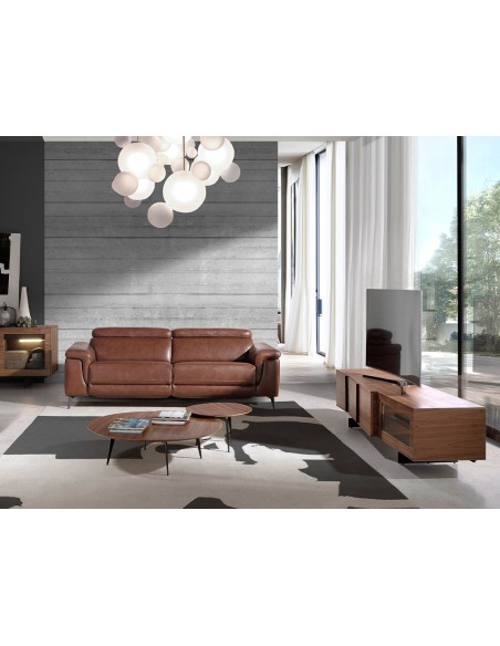 Mueble TV nogal y acero negro con iluminación interior