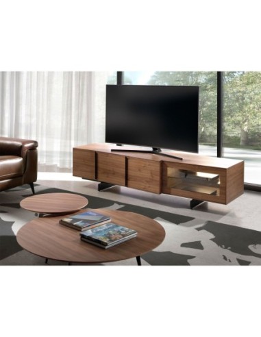 Mueble TV nogal y acero negro con iluminación...