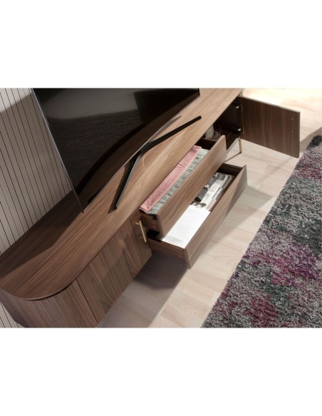 Mueble TV nogal y acero pulido dorado