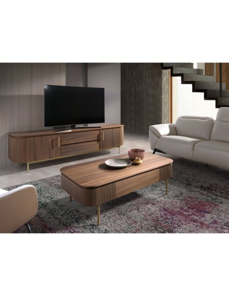 Mueble TV nogal y acero pulido dorado