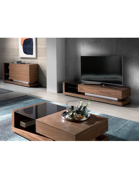 Mueble TV nogal, acero pulido y tapa de cristal negro