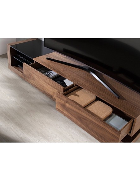Mueble TV nogal, acero pulido y tapa de cristal negro