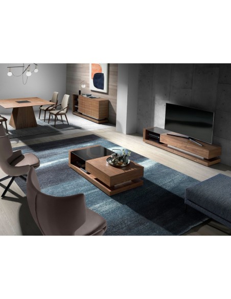 Mueble TV nogal, acero pulido y tapa de cristal negro