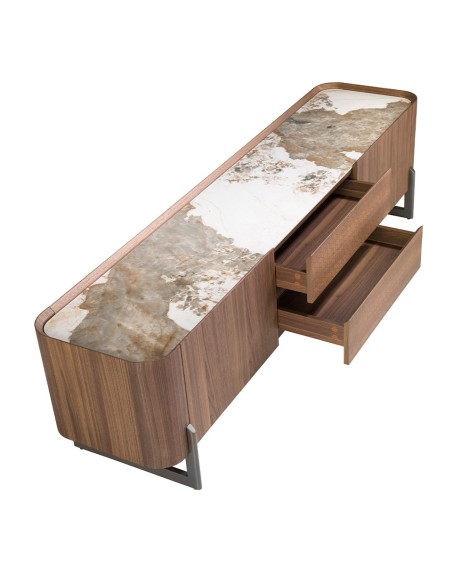 Mueble TV nogal, acero visón metal y tapa de mármol porcelánico