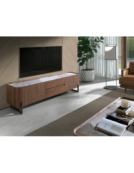 Mueble TV nogal, acero visón metal y tapa de mármol porcelánico