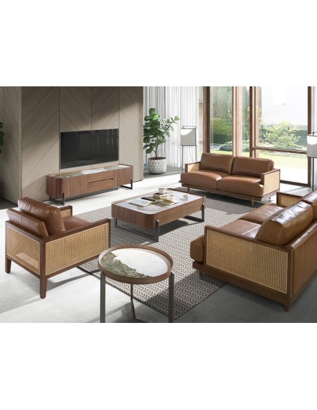 Mueble TV nogal, acero visón metal y tapa de mármol porcelánico