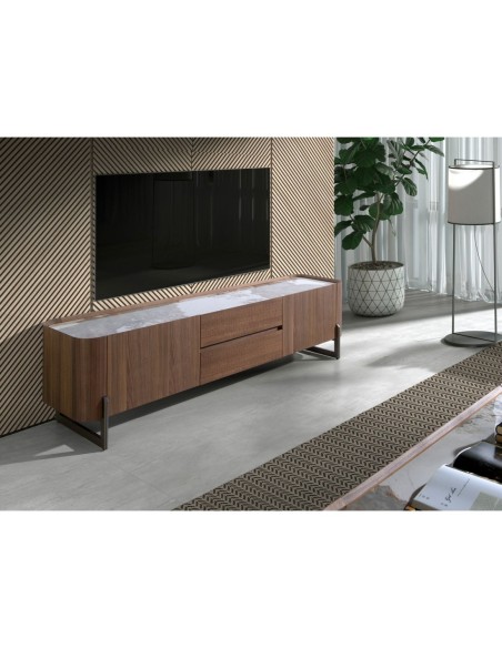 Mueble TV nogal, acero visón metal y tapa de mármol porcelánico