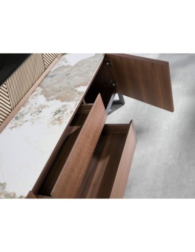 Mueble TV nogal, acero visón metal y tapa de...