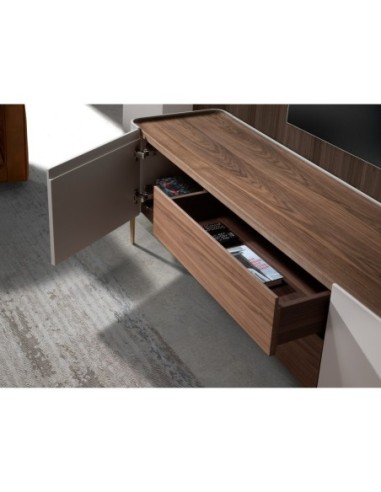 Mueble TV nogal, beige, acero pulido dorado y...