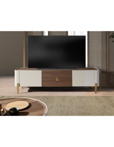 Mueble TV nogal, beige, acero pulido dorado y...