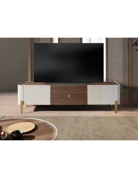 Mueble TV nogal, beige, acero pulido dorado y tapa de nogal