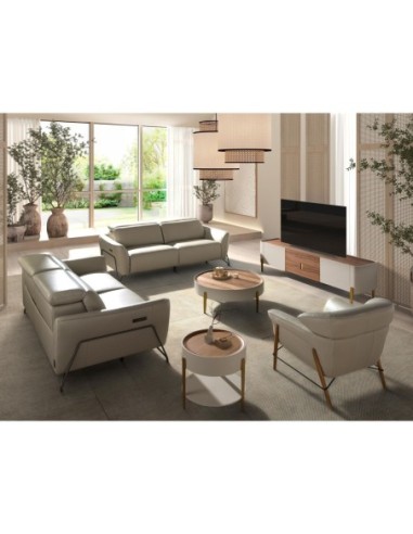 Mueble TV nogal, beige, acero pulido dorado y...