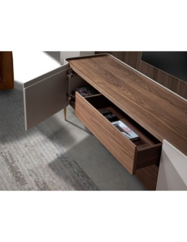 Mueble TV nogal, beige, acero pulido dorado y...
