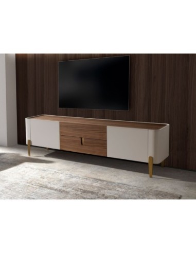 Mueble TV nogal, beige, acero pulido dorado y...