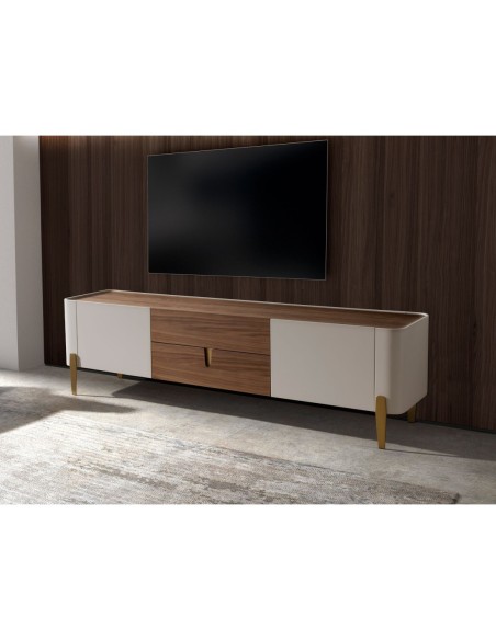 Mueble TV nogal, beige, acero pulido dorado y tapa de nogal