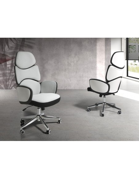Silla oficina giratoria tela gris claro y pvc blanco brillo