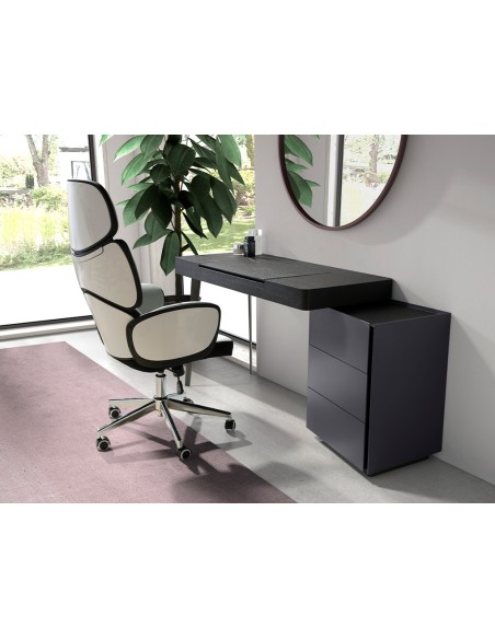 Silla oficina giratoria tela gris claro y pvc blanco brillo