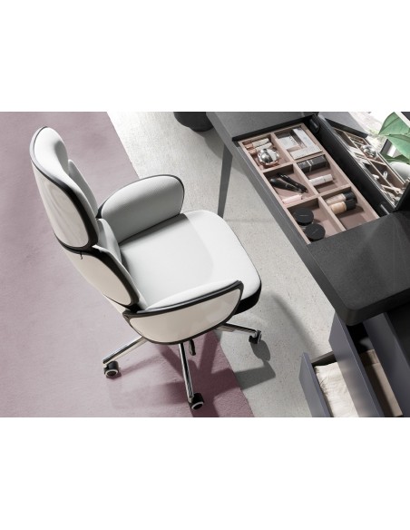 Silla oficina giratoria tela gris claro y pvc blanco brillo