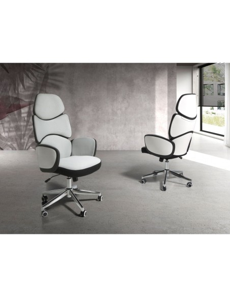 Silla oficina giratoria tela gris claro y pvc blanco brillo