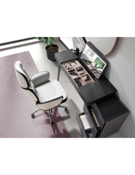 Silla oficina giratoria tela gris claro y pvc blanco brillo