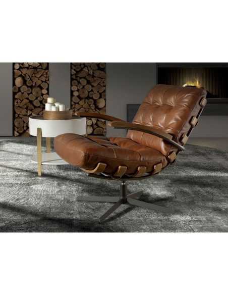 Sillón giratorio piel marrón oscuro y nogal