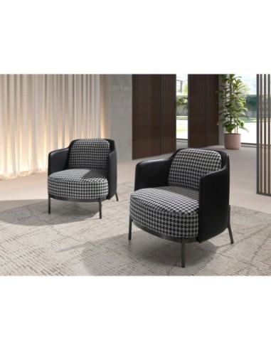 Sillón tela blanca y negra y polipiel negro