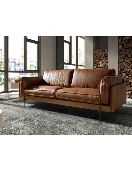 Sofá 3 plazas piel marrón tabaco